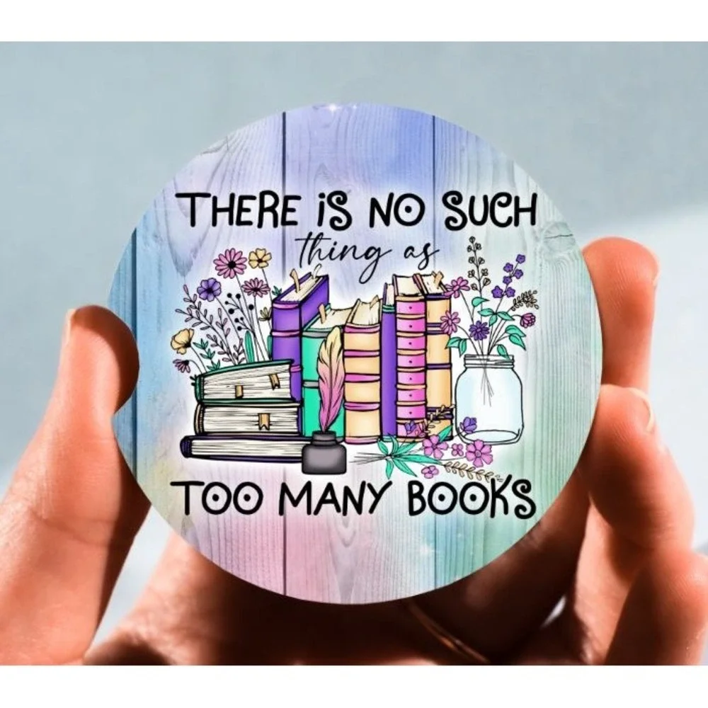 Set of 2 Car Coasters, Too Many Books Car Coaster, Neoprene Car Coaster